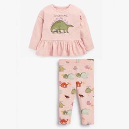 Baby Girl Cartoon Dinosaur Graphic Ruffle Hem Shirt Combo Pants Cute Clothing Sets (Size/Age: 120 (5-7Y))