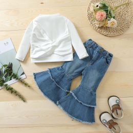 Baby Girl Belted Design Solid Tops Combo Denim Bell-Buttomed Pants Sets (Size/Age: 90 (12-24M))