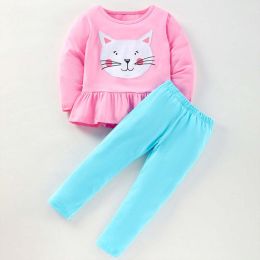 Baby Girl Cartoon Cat Embroidered Pattern Shirt Combo Solid Pants Sets (Size/Age: 100 (2-3Y))