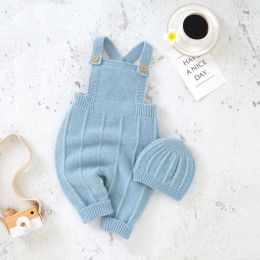 Baby Solid Color Knitted Sling Romper With Hat Sets (Size/Age: 66 (3-6M))