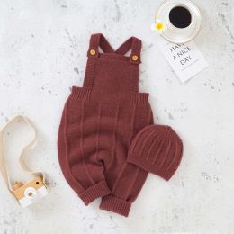 Baby Solid Color Knitted Sling Romper With Hat Sets (Size/Age: 73 (6-9M))