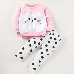 Baby Girl Cartoon Cat Graphic Hoodie Combo Polka Dot Pattern Pant Sets (Size/Age: 130 (7-8Y))