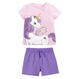 Baby Girl Cartoon Unicorn Pattern O-Neck Tops Combo Solid Purple Shorts Sets (Size/Age: 120 (5-7Y))