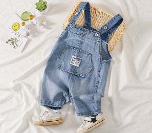 Baby Boy Embroidered Print Washed Blue Denim Short Overalls With Pocket (Size/Age: 90 (12-24M))
