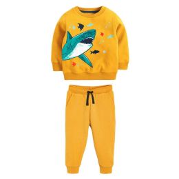 Baby Boy Cartoon Shark Graphic Hoodie Combo Solid Yellow Trousers Fleece Thermal Sets (Size/Age: 140 (8-10Y))