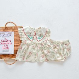 Baby Girl Floral Print Pattern Embroidered Lapel Sleeveless Tops Combo Shorts Two-Piece Sets (Size/Age: 66 (3-6M))