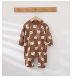 Kids Bear Print Pattern Concealed Buckle Design Round Collar Mid-Sleeved Soft Rompers (Size/Age: 80 (9-12M))
