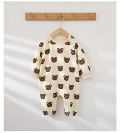 Kids Bear Print Pattern Concealed Buckle Design Round Collar Mid-Sleeved Soft Rompers (Size/Age: 73 (6-9M))