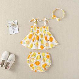 Baby Girl Lemon Fruit Print Sleeveless Dress Combo Short Pants In Sets (Size/Age: 73 (6-9M))