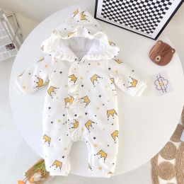 Baby Cartton Pattern Ruffle Design Button Front Fleece Thickened Romper (Size/Age: 90 (12-24M))