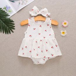 Baby Girls Cherry Print Pattern Lace Design Round Collar Sleeveless Dress Onesies (Size/Age: 73 (6-9M))