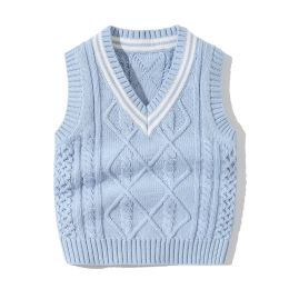 Baby Crochet Knitting Pattern Striped V-Neck Design College Style Sleeveless Vest Sweater (Size/Age: 90 (12-24M))