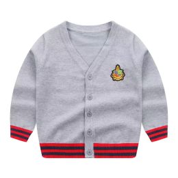Baby Boy Logo Embroidered Pattern Striped Hem Design V-Neck College Style Cardigan (Size/Age: 120 (5-7Y))