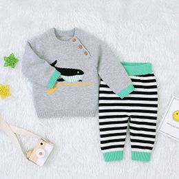 Baby Boy Cartoon Animal Embroidered Pattern Shoulder Button Design Pullover Sweater & Striped Trousers Sets (Size/Age: 73 (6-9M))