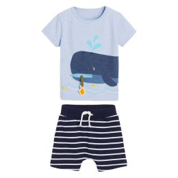 Baby Boy Cartoon Fish Pattern Zipper Decoration Tops Combo Striped Shorts Sets (Size/Age: 130 (7-8Y))