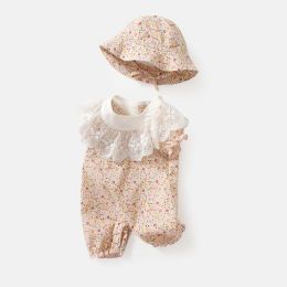 Baby Girls Floral Print Lace Design Collar Short-Sleeved Romper With Hat (Size/Age: 80 (9-12M))