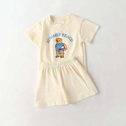 Baby Cartoon Bear & Letters Graphic O-Neck Tee Combo Solid Shorts Sets (Size/Age: 140 (8-10Y))