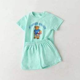 Baby Cartoon Bear & Letters Graphic O-Neck Tee Combo Solid Shorts Sets (Size/Age: 130 (7-8Y))