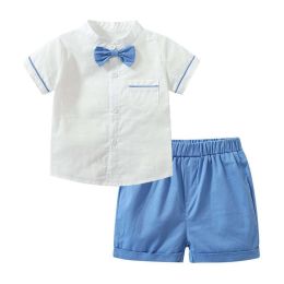 Baby Boy Solid Color Single Breasted Design Bow Tie Shirt Combo Shorts College Style Sets (Size/Age: 100 (2-3Y))