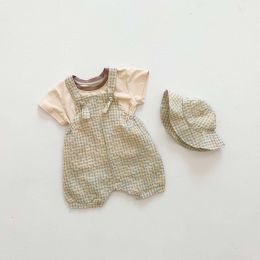 Baby Girl Short-Sleeved Plaid Pattern Backpack Pants With Hat Three Piece Sets In Summer (Size/Age: 100 (2-3Y))