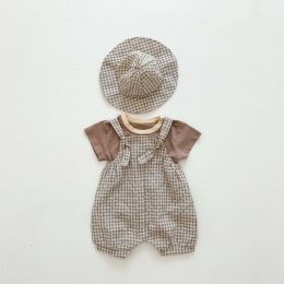 Baby Girl Short-Sleeved Plaid Pattern Backpack Pants With Hat Three Piece Sets In Summer (Size/Age: 80 (9-12M))