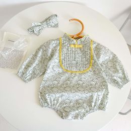 Baby Floral Print Pattern Chinese Style Long Sleeve Bodysuit (Color: Green)