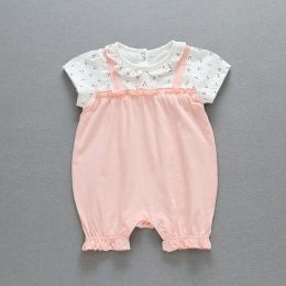 Baby Girls Floral Print Pattern Lace Design Round Collar Short- Sleeved Fake 2-Pieces Rompers In Summer (Size/Age: 73 (6-9M))