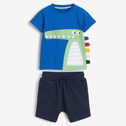 Baby Boy Cartoon Dinosaur Embroidered Pattern T-Shirt Combo Solid Medium Shorts Sets (Size/Age: 140 (8-10Y))