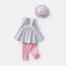 Baby Girls Floral Print Sleeveless Dress Combo Pink Solid Pants With Sun Hat In Sets (Size/Age: 73 (6-9M))