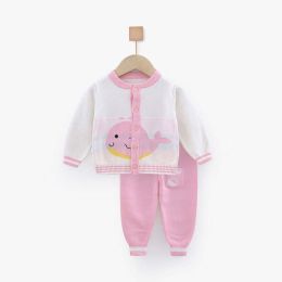 Baby Cartoon Pattern Button Front Cardigan With Contrast Design Trousers Sets (Size/Age: 66 (3-6M))