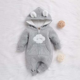 Baby Cartoon Cloud Pattern Zipper Front Solid Color Fleece Rompers With Hat (Size/Age: 90 (12-24M))