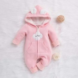 Baby Cartoon Cloud Pattern Zipper Front Solid Color Fleece Rompers With Hat (Size/Age: 73 (6-9M))