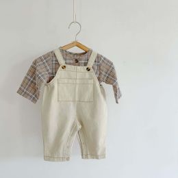 Baby Boy And Girl Plaid Pattern Long-Sleeved Top Combo Denim Straps Pants 2-Pieces Sets (Size/Age: 66 (3-6M))