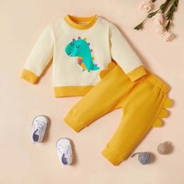 Baby Boy Cartoon Dinosaur Pattern Hoodies Combo Solid Yellow Trousers Sets (Size/Age: 73 (6-9M))