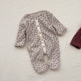 Baby Ditsy Flower Pattern Full Button Design Waffle Knit Rompers (Size/Age: 90 (12-24M))