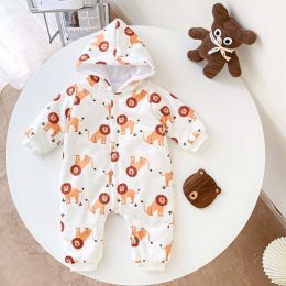 Baby Cartton Animals Pattern Button Front Design Warm Cute Romper With Hat (Size/Age: 80 (9-12M))