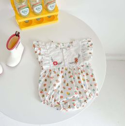 Baby Girl Floral Print Pattern Bear Embroidery Lace Patchwork Design Short Sleeved Onesies (Size/Age: 73 (6-9M))