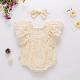 Baby Girl Solid Color Square Collar Design Short-Sleeved Onesies With Headband In Summer Outside Wearing (Size/Age: 80 (9-12M))
