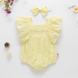 Baby Girl Solid Color Square Collar Design Short-Sleeved Onesies With Headband In Summer Outside Wearing (Size/Age: 90 (12-24M))