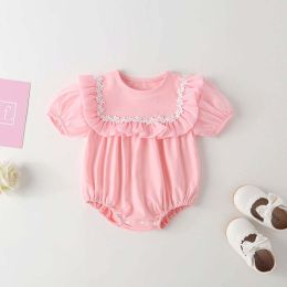 Baby Girl Round Collar Short-Sleeved Small Daisy Pattern Flounce Design Embroidered Onesies (Size/Age: 90 (12-24M))