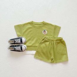 Baby Boys And Girls Bear Print Pattern Solid Color Design Round Neck Short-Sleeved Top Combo Shorts Sets (Size/Age: 90 (12-24M))