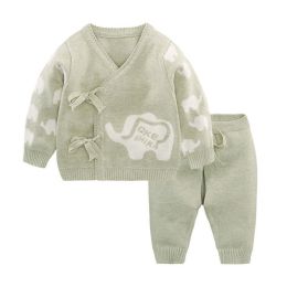 Baby Cartoon Elephant Pattern Side Belted Design Cardigan With Solid Trousers Sets (Size/Age: 80 (9-12M))