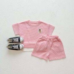Baby Boys And Girls Bear Print Pattern Solid Color Design Round Neck Short-Sleeved Top Combo Shorts Sets (Size/Age: 66 (3-6M))