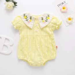Baby Girl Floral Embroidery Design Solid Color Summer Short-Sleeved Onesies In Summer Outside Wearing (Size/Age: 73 (6-9M))