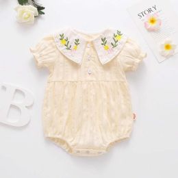 Baby Girl Floral Embroidery Design Solid Color Summer Short-Sleeved Onesies In Summer Outside Wearing (Size/Age: 90 (12-24M))