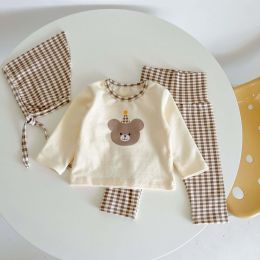 Baby Cartoon Bear Shirt Combo Plaid Pants Sets Home Clothes (Size/Age: 90 (12-24M))