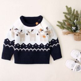 Baby Cartoon Christmas Deer Pattern Shoulder Button Design Knitted Pullover Sweater (Size/Age: 90 (12-24M))