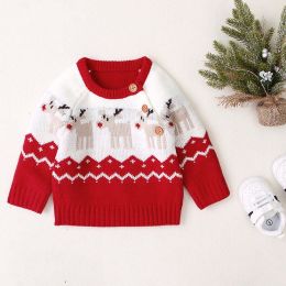 Baby Cartoon Christmas Deer Pattern Shoulder Button Design Knitted Pullover Sweater (Size/Age: 73 (6-9M))