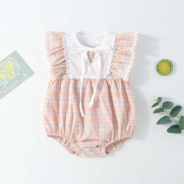 Baby Girl Patchwork Pattern Grid Design With Headband In Summer Outfit Wearing (Size/Age: 80 (9-12M))