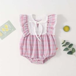 Baby Girl Patchwork Pattern Grid Design With Headband In Summer Outfit Wearing (Size/Age: 73 (6-9M))